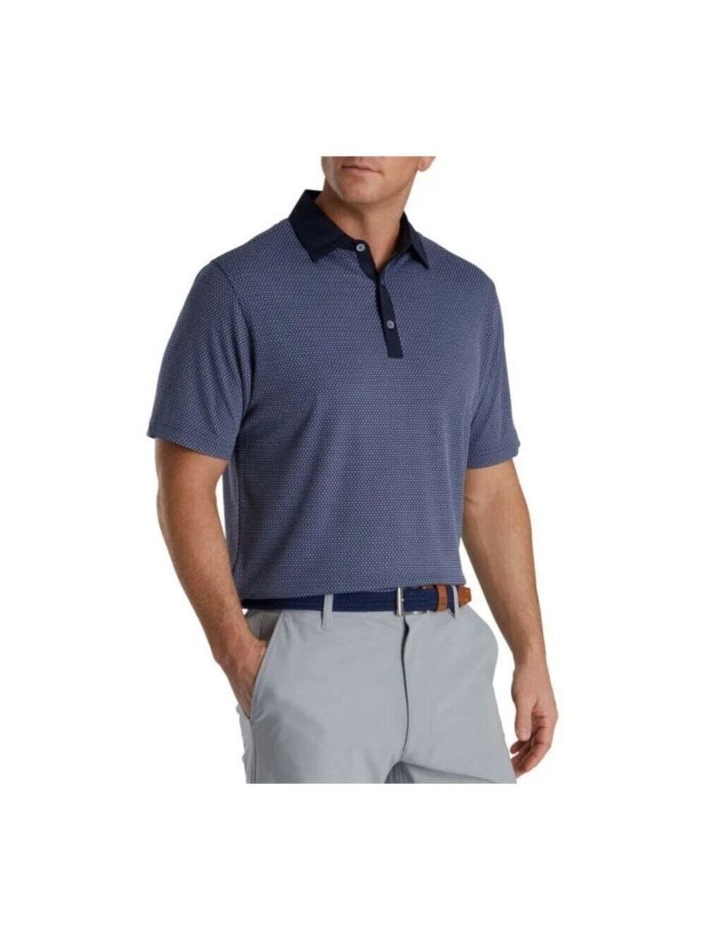 FootJoy Golf Polo Stretch Lisle Dot Print Self Collar Mens Large Navy